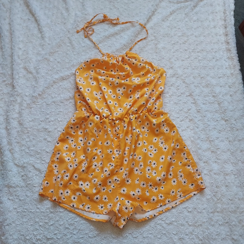 Bright Yellow Floral Ditsy Daisy Romper Medium Festival Hippie Spring Summer
